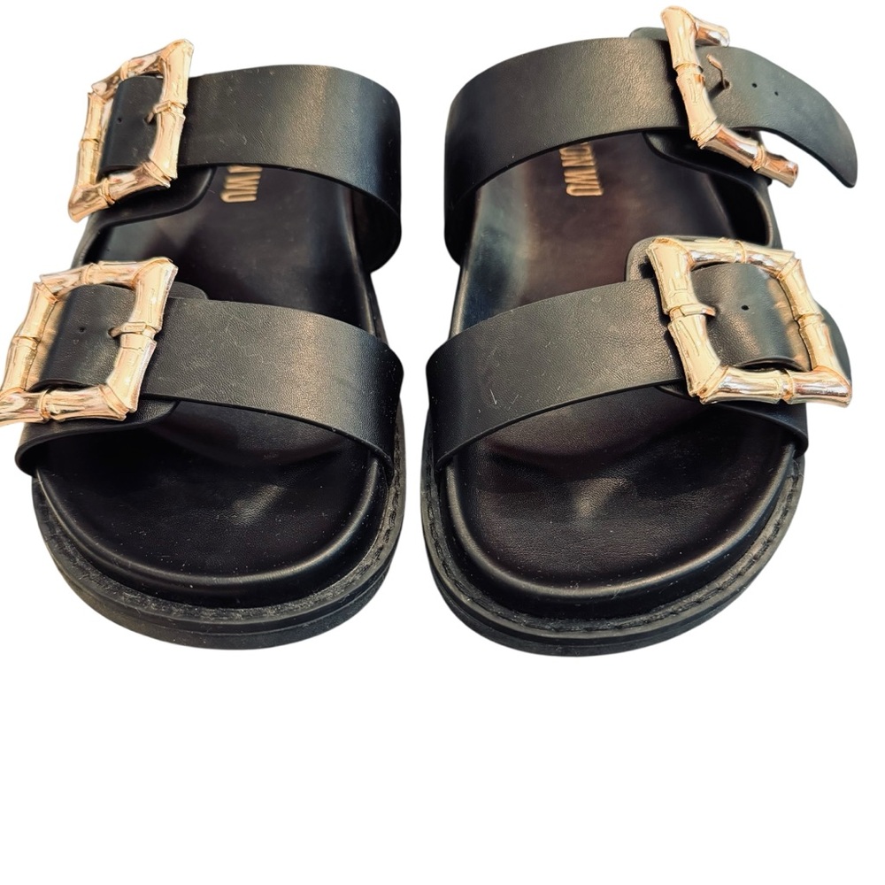 Jason Wu Black & Gold Marzan Slide Sandals with Gold Buckles - Picture 11 of 15